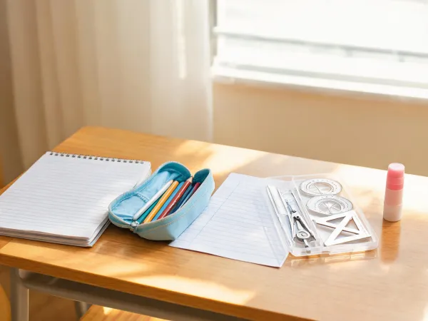 School classroom supplies with notebooks