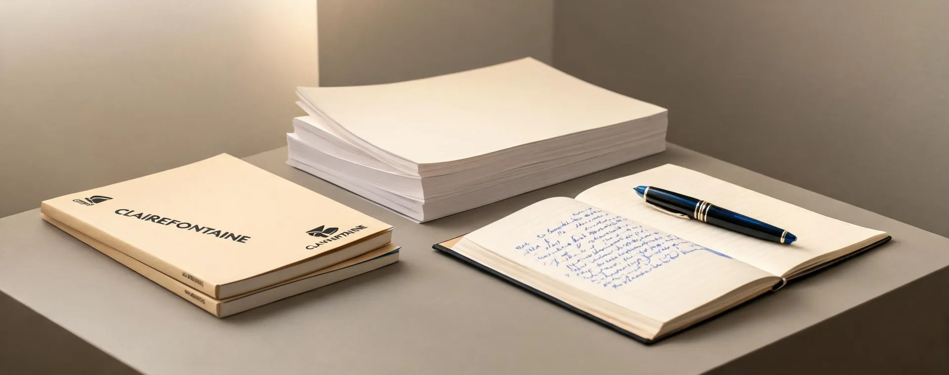 Clairefontaine notebooks and paper on a procurement desk